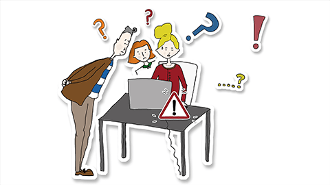 Drei gezeichnete Menschen schauen auf einem Laptop. Um sie herum sind verschiedene Icons zu sehen.