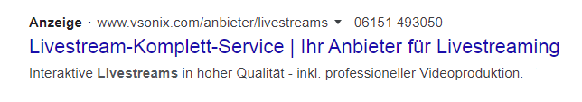 Screenshot einer Anzeige für Livestream-Komplett-Service vom Livestream Anbieter vsonix