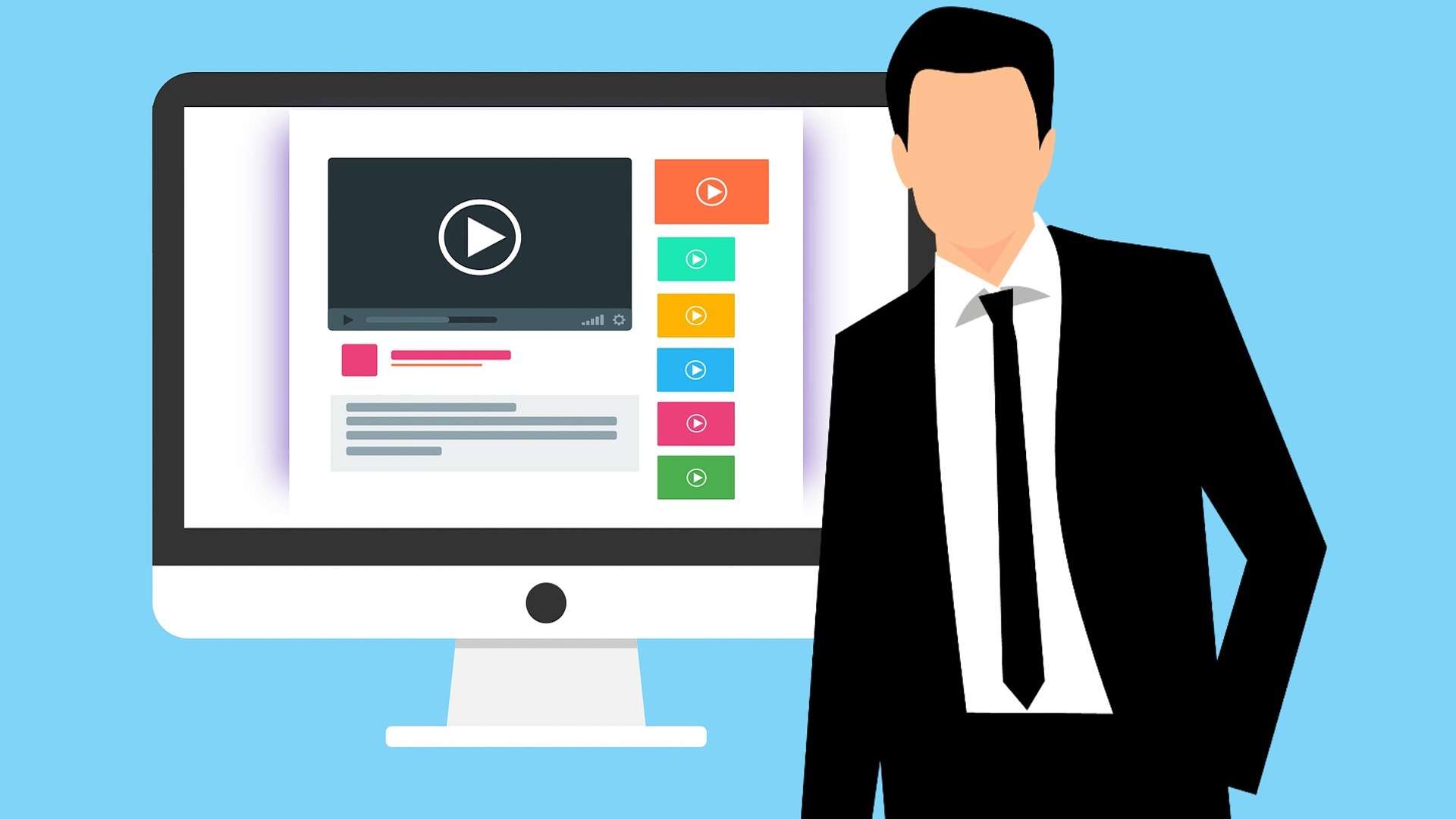 Ein animierter Desktop-Bildschirm hat verschiedene Videos geöffnet und ein animierter Mann ohne Gesicht steht davor