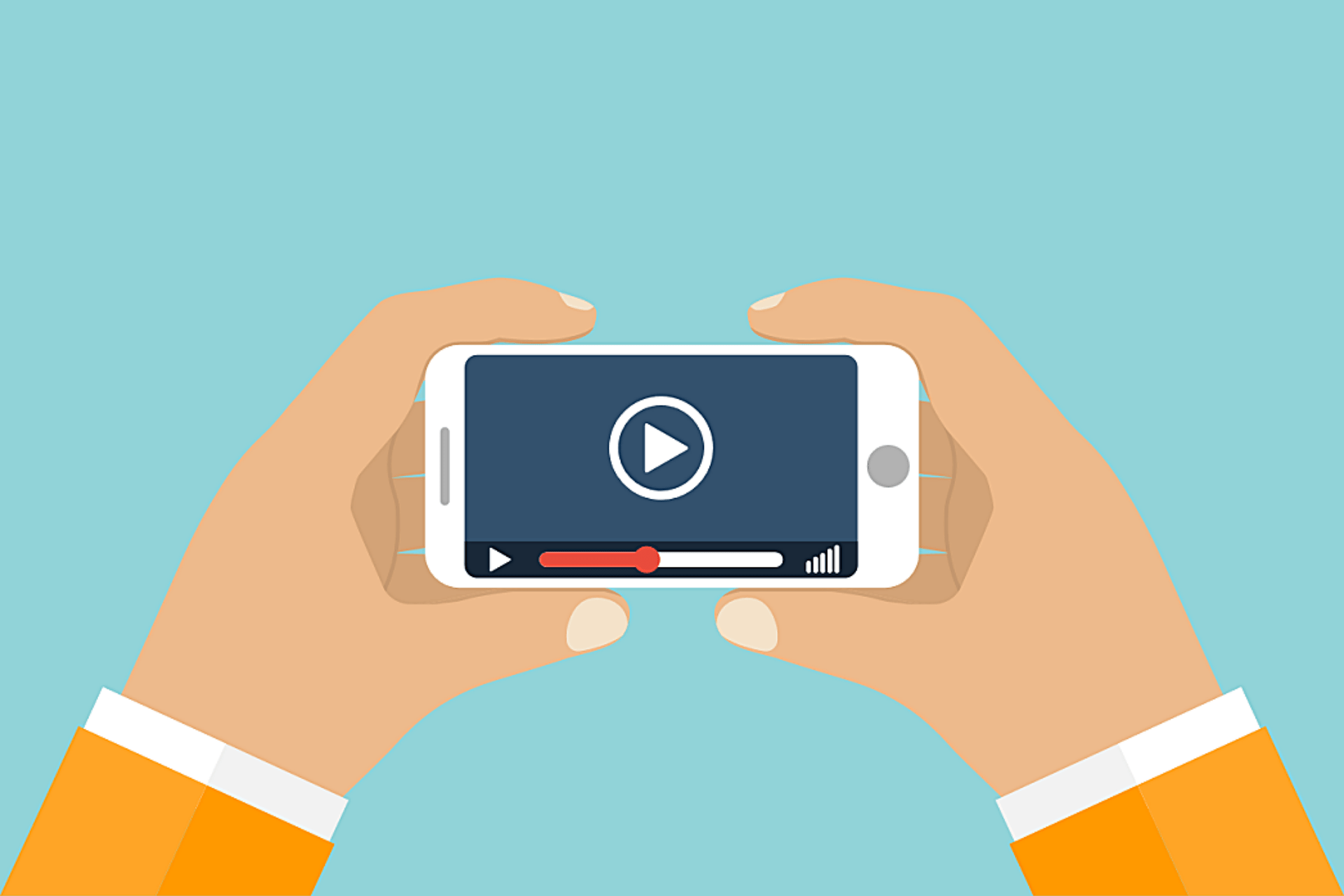 Zwei Hände halten ein Smartphone auf dem der Bildschirm zum Abspielen eines Videos gezeigt ist.