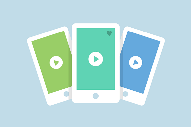 Drei illustrierte Smartphones auf deren Bildschirmen das Symbol zum Abspielen eines Videos zu sehen ist.