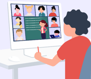 Illustration eines Menschen, der vor einem PC sitzt auf dem eine Online-Schulung läuft