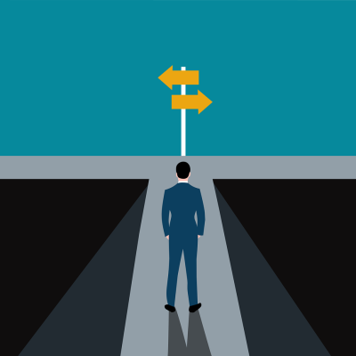 Illustration eines Mannes, der auf einer Straße steht, die am Ende in zwei verschiedene Richtungen verläuft.