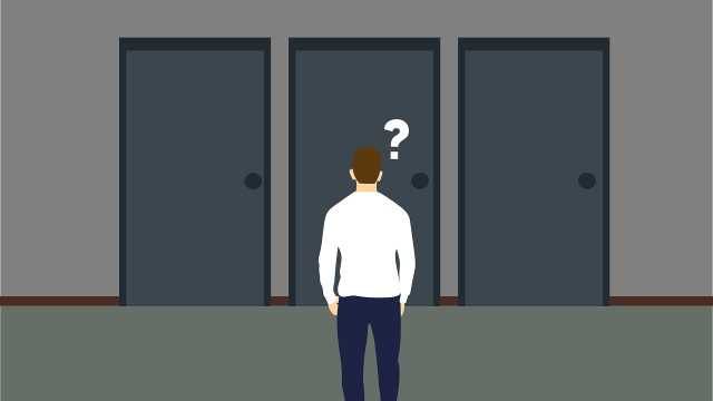 Illustration eines Mannes, der vor drei verschlossenen Türen steht. Neben seinem Kopf ist ein weißes Fragezeichen zu sehen.