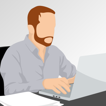 Eine Illustration mit einem Mann, der an einem Tisch sitzt, vor ihm steht ein aufgeklappter Laptop