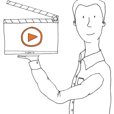 Eine Zeichnung von einem vsonix-Mitarbeiter der eine Filmklappe mit dem vsonix-Logo hält