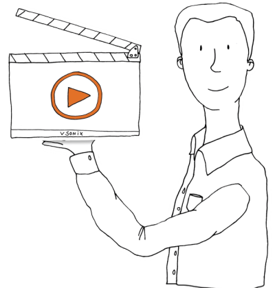 Eine Zeichnung von einem vsonix-Mitarbeiter der eine Filmklappe mit dem vsonix-Logo hält