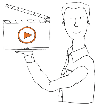 Eine Zeichnung von einem vsonix-Mitarbeiter der eine Filmklappe mit dem vsonix-Logo hält