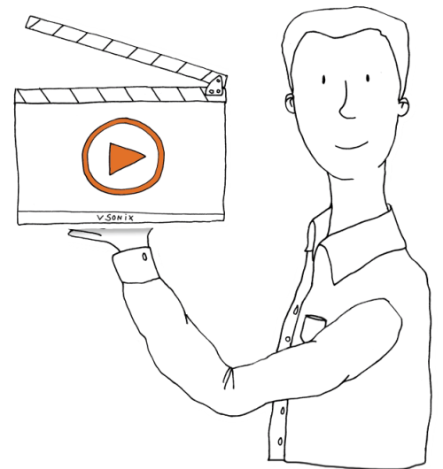 Eine Zeichnung von einem vsonix-Mitarbeiter der eine Filmklappe mit dem vsonix-Logo hält