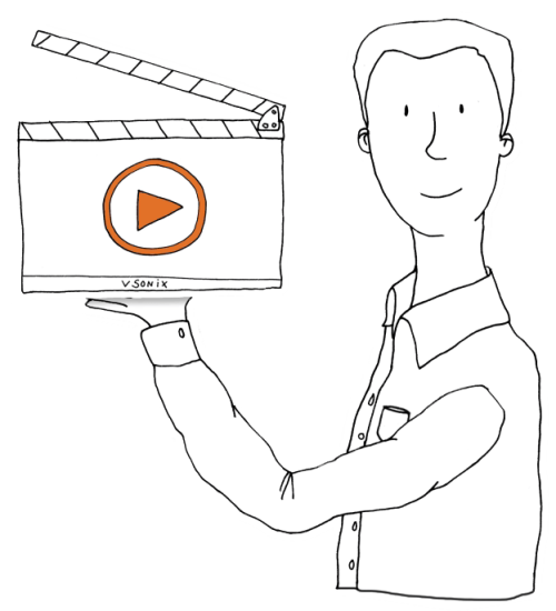 Eine Zeichnung von einem vsonix-Mitarbeiter der eine Filmklappe mit dem vsonix-Logo hält
