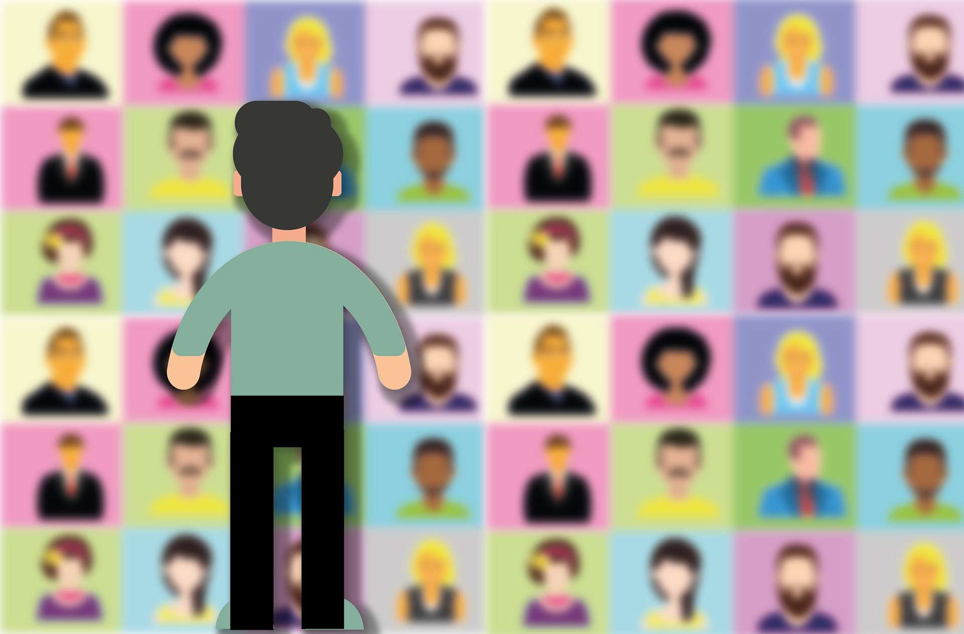 Ein illustrierter Mensch im Vordergrund, im Hintergrund viele kleine illustrierte Menschen in einer Bildschirmansicht