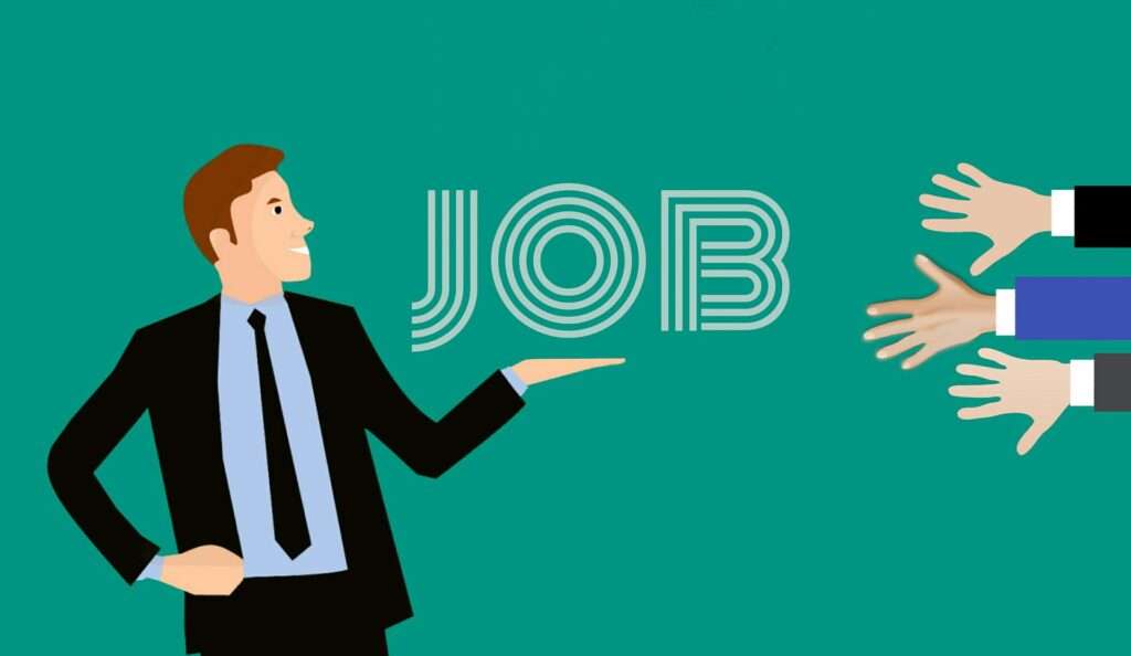 Illustration Mann zeigt auf Begriff "JOB"