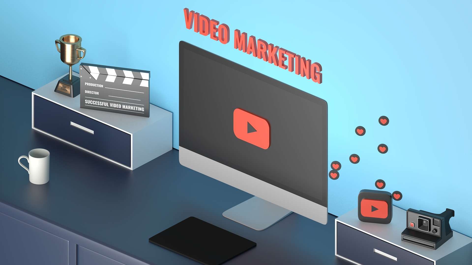 Illustration von einem Bildschirm, darüber steht "VIDEO MARKETING"