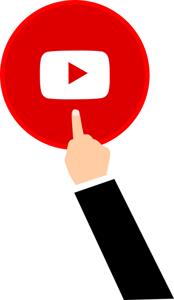 Eine animierte Hand drückt auf einen YouTube Play-Button.
