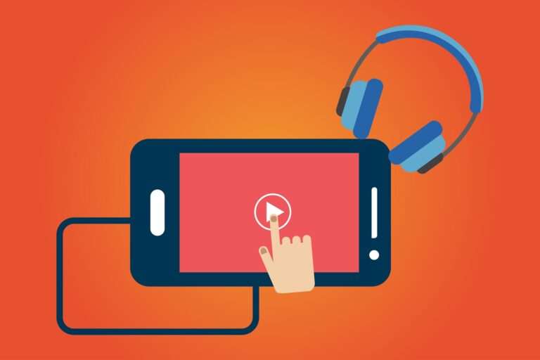Auf einem rot-orangefarbenen Hintergrund ist ein illustriertes Smartphone und Kopfhörer zu sehen.