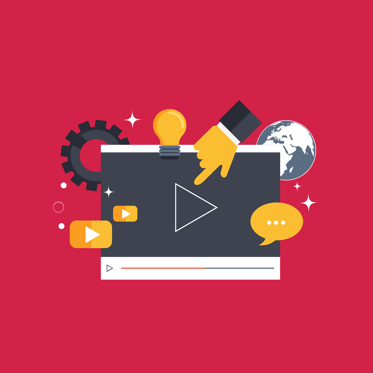 Eine Illustration eines Video-Bildschirms mit verschiedenen Icons drum herum.
