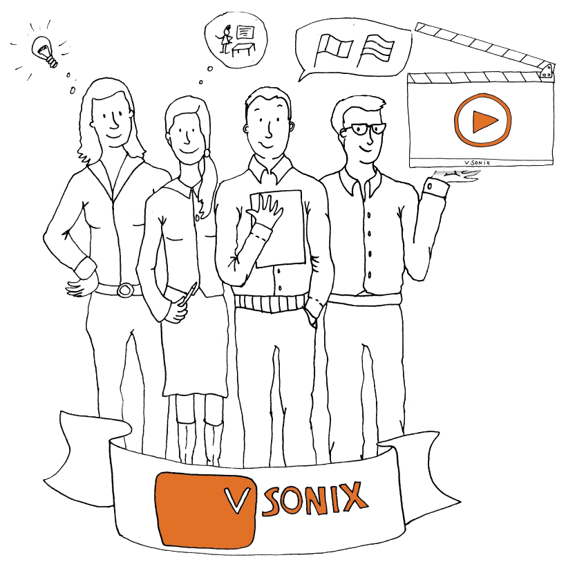 Zeichnung von vier vsonix Mitarbeitern mit Videosymbolen