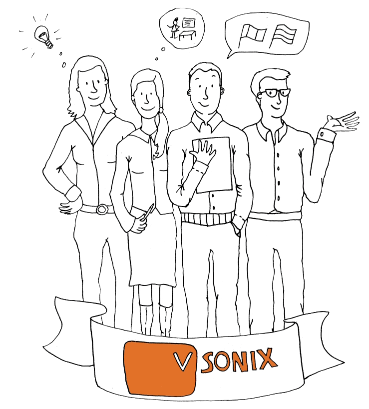 Zeichnung von vier vsonix Mitarbeitern mit Videosymbolen