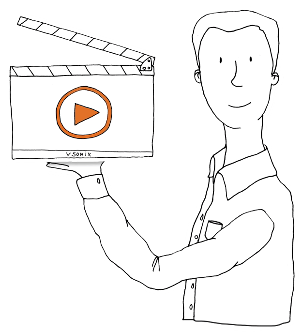 Eine Zeichnung von einem vsonix-Mitarbeiter der eine Filmklappe mit dem vsonix-Logo hält