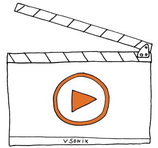 Eine Zeichnung von einer Filmklappe mit dem vsonix-Logo